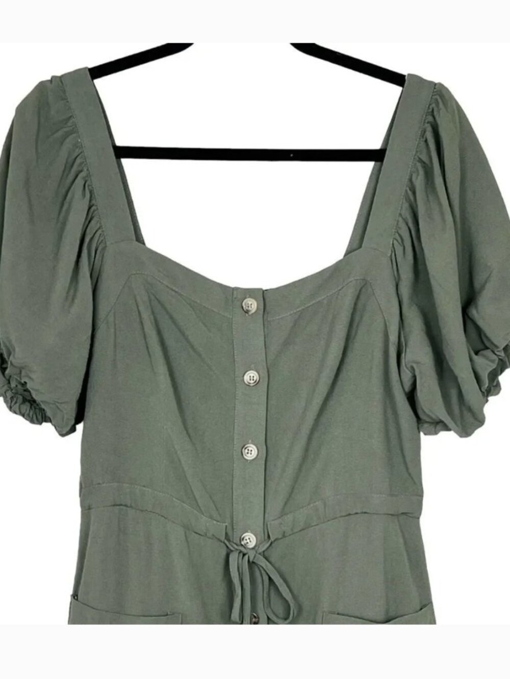 Lulus NEW Puff Sleeve Tiered Midi Dress Sz M Green Army Prairie Cottagecore - Picture 5 of 13